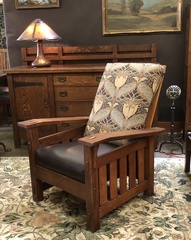 Quaint Art Large Vintage Morris Chair with leather seat and Arts and Crafts Fabric on back cushion Stickley Era